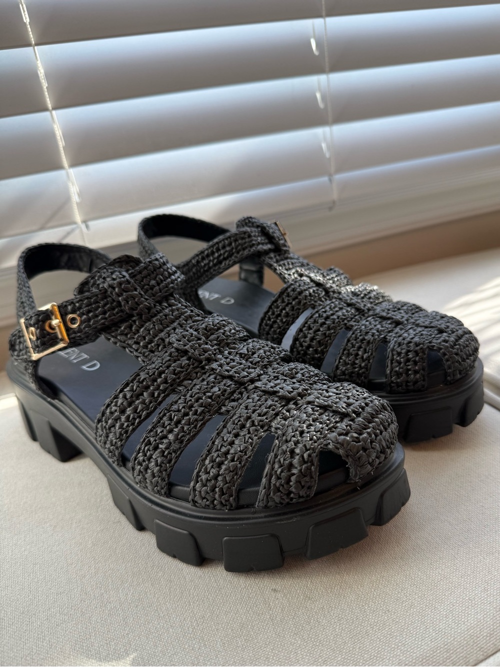 Silent D, Anthropologie Chunky Black Woven Shoe with Gold Buckle